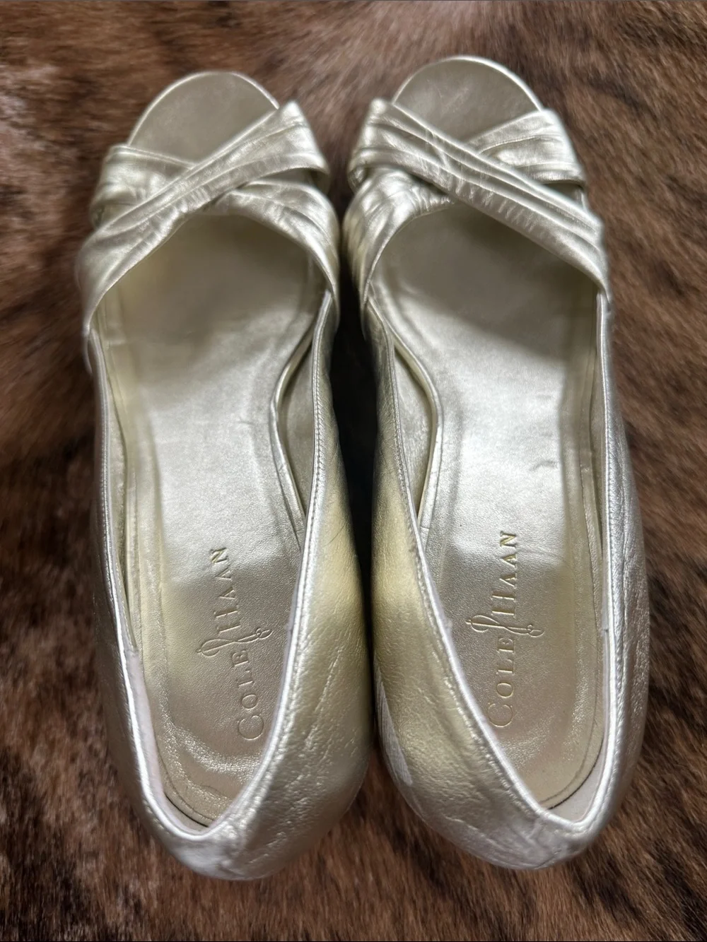 Cole Haan Women's Metallic Gold Crisscross Peep-Toe y 2.5” Wedge Heels, 11B NWOT